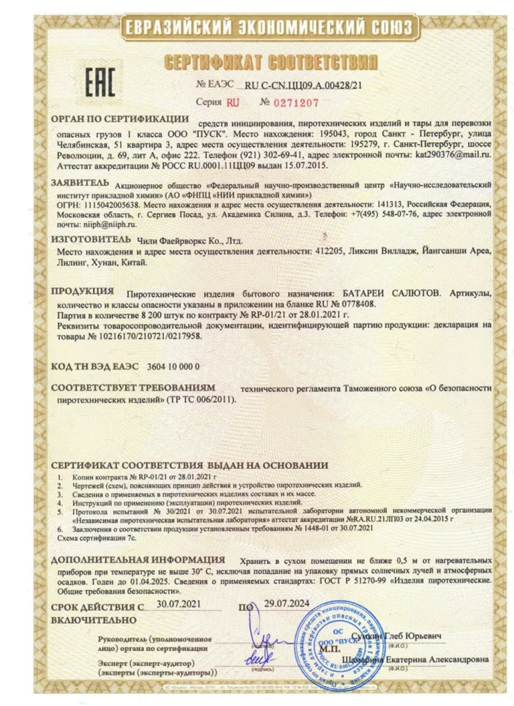 Сертификат на пиротехнику — Буй	